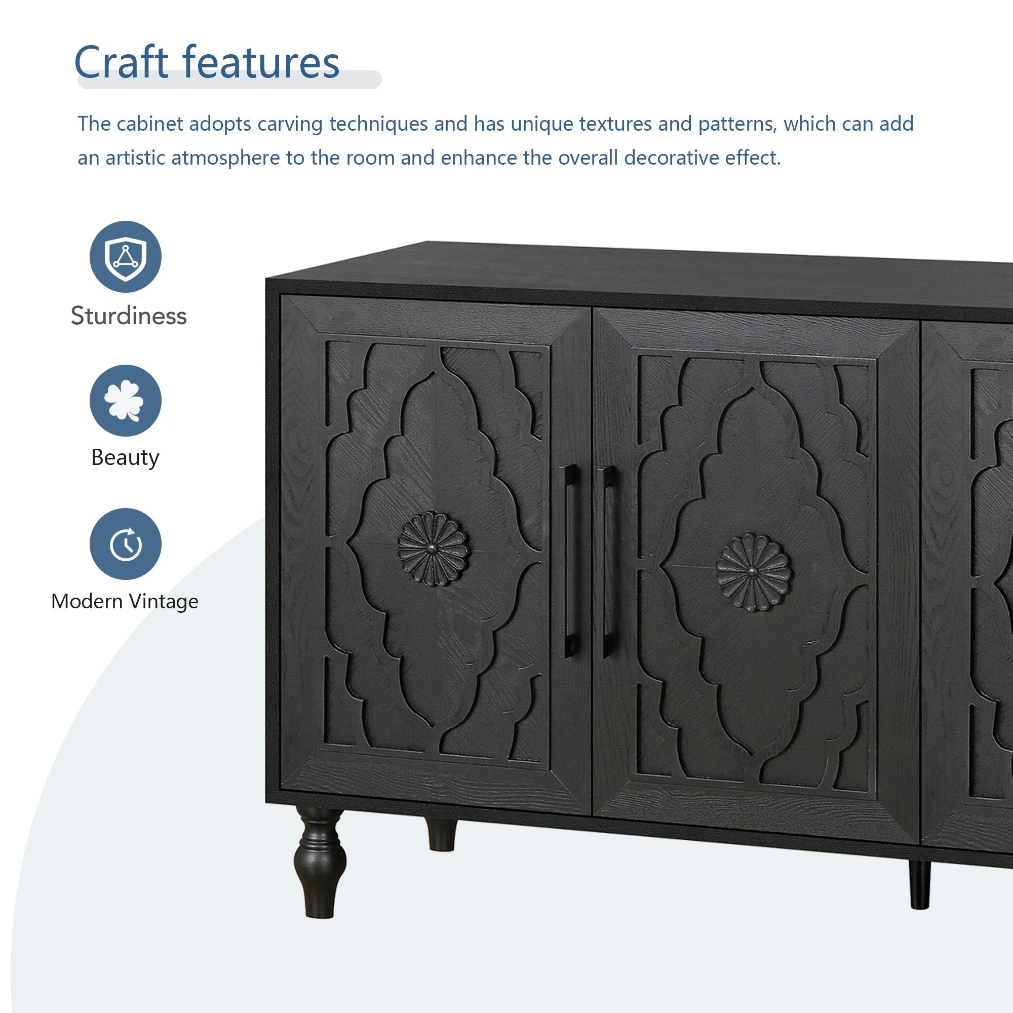 Carved Flower Door Storage Cabinet — Metal Handles
