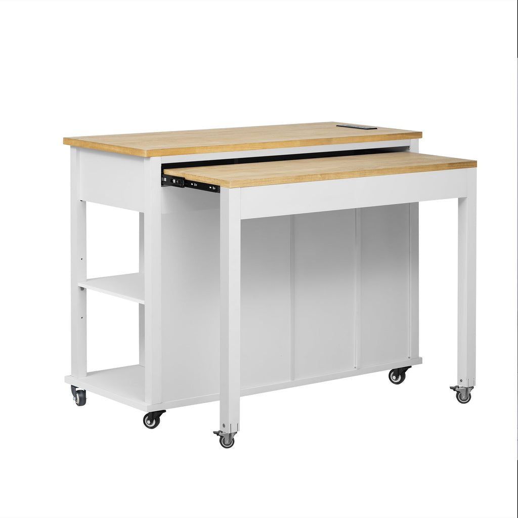 K&K 47 inch Kitchen Island with Extendable Dining Table, Rubber Wood Veneer Kitchen Table with Internal Storage Rack, Power Outlet, Kitchen island with Storage 2 Drawers 2 Cabinet, Black