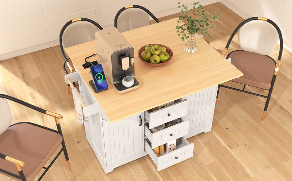K&K 55.7'' Large Kitchen Island with 2 Drop Leaf,, Rolling Kitchen Cart on 5 Wheels with Power Outlet, Folding Storage Dining Table with Spice & Towel Rack , 3 Drawers, for Kitchen, Dining Room,Black