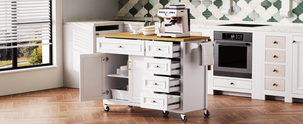 K&K 52'' Kitchen Island with Drop Leaf, Embossed Texture Kitchen Island on Wheels with Spice Rack, Towel Rack, 2 Doors and 5 Drawers, Kitchen Storage Cart with Adjustable Shelf for Kitchen, Blue Grey