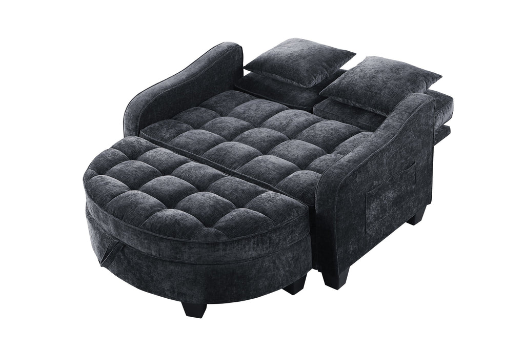 Two-seater sofa, double sofa chaise longue, with irregular armrests and backrests, footrest with storage space, comes with two small throw pillows, suitable for living room and bedroom -Blue