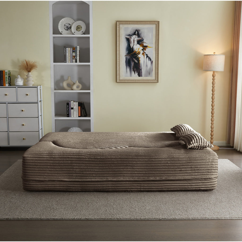 Modern Floor Sofa with 2 Pillows, Convertible Plush Corduroy Foam-Filled Sleeper Sofa Bed,15 ' Full Size Folding Mattress for Living Room, Guest Bed, no assembly required, Light Grey