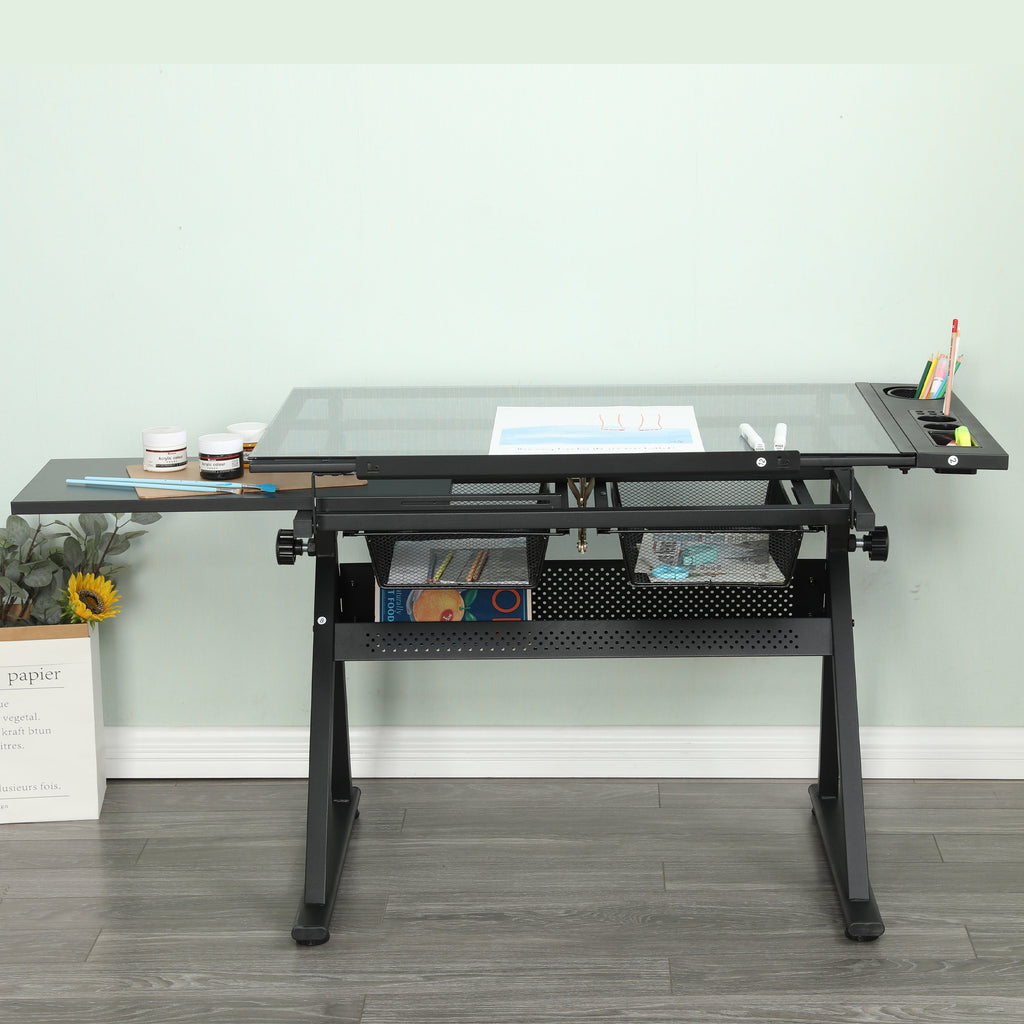 Adjustable Glass Drafting Table with Metal Drawers & Stool