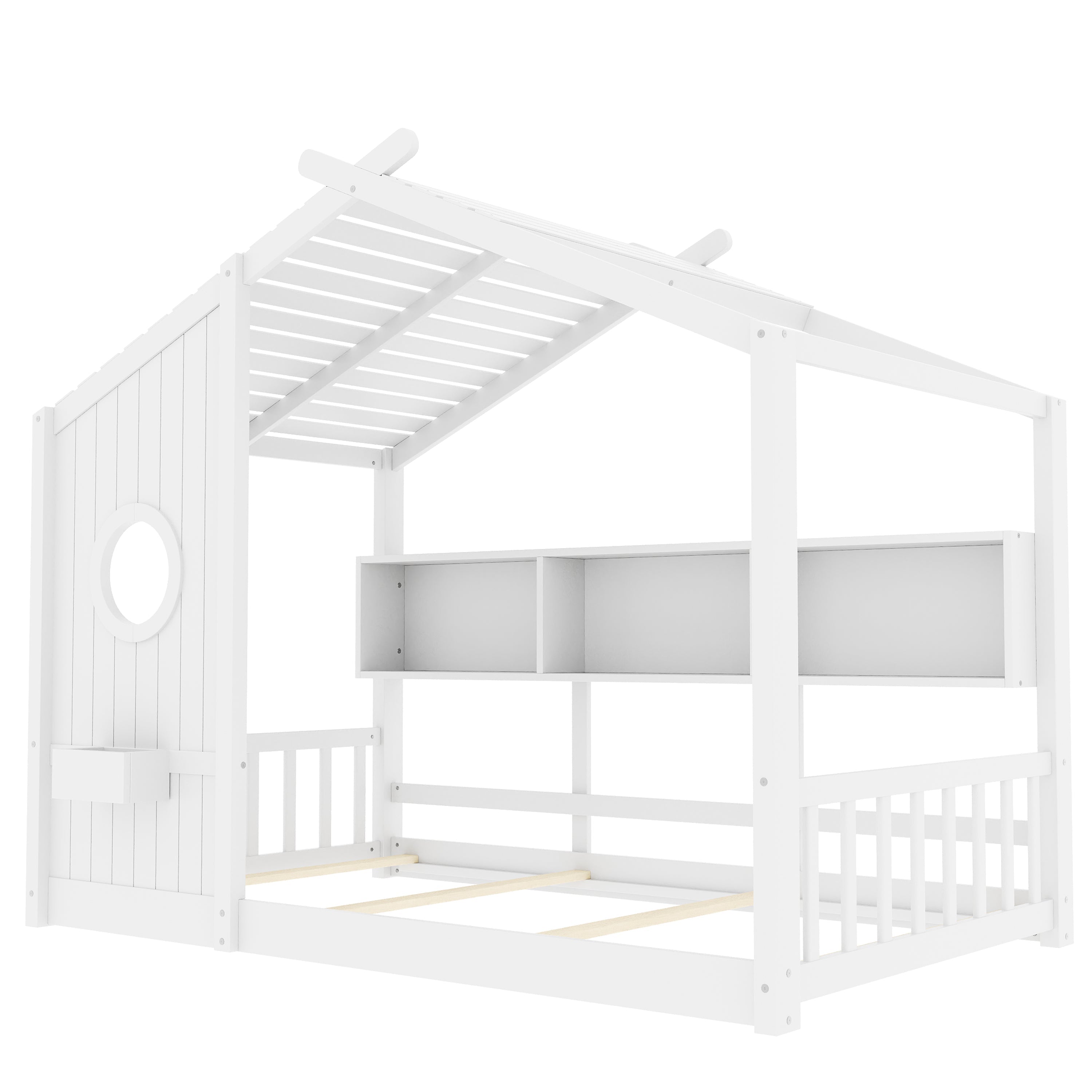 Twin Size Floor House Bed for Toddler, Kids Montessori Bed with Storage Shelf, Playhouse Bed with Roof Design, Gray