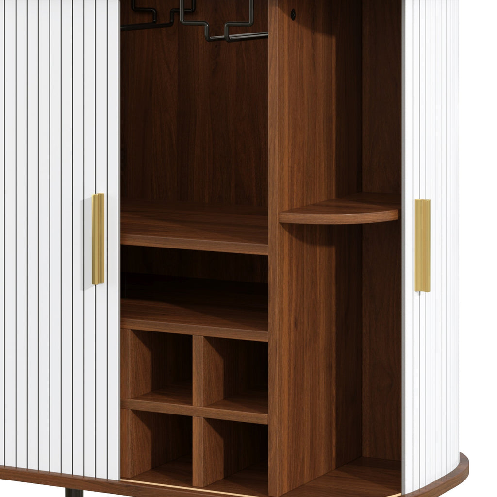 28' Fluted Wine Bar Cabinet with 8-Grid Wine Rack, 5-Level Adjustable Shelves, 2 Glass Holders, Smoothly Sliding Tambour Doors, 4 Hidden Storage Space on the Side, Modern Liquor Coffee Station, Black
