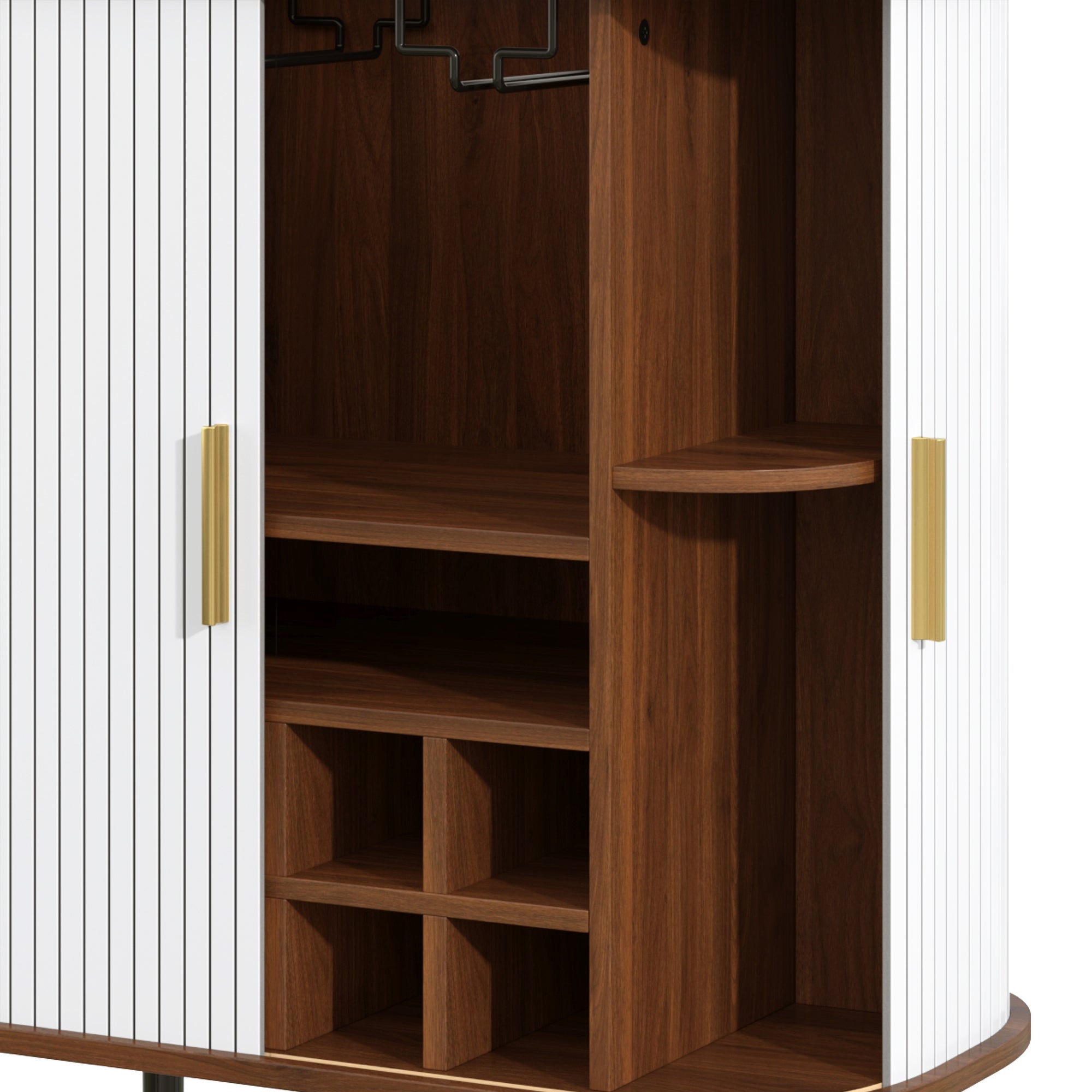28' Fluted Wine Bar Cabinet with 8-Grid Wine Rack, 5-Level Adjustable Shelves, 2 Glass Holders, Smoothly Sliding Tambour Doors, 4 Hidden Storage Space on the Side, Modern Liquor Coffee Station, Black