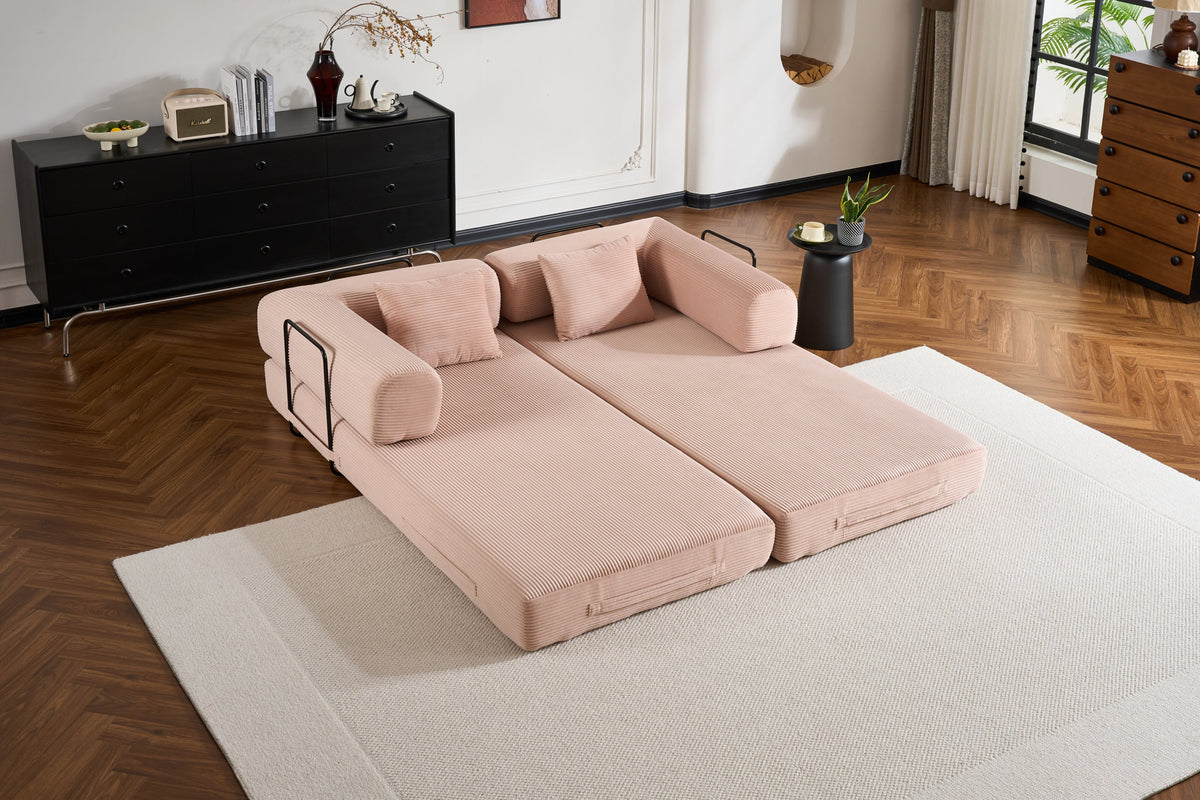 Convertible Sleeper Sofa Bed with Cylindrical Pillow, Corduroy Folding Mattress Couch with Fixed-Shape Frame, Floor Sofa Lounge Couch for Living Room Bedroom Black