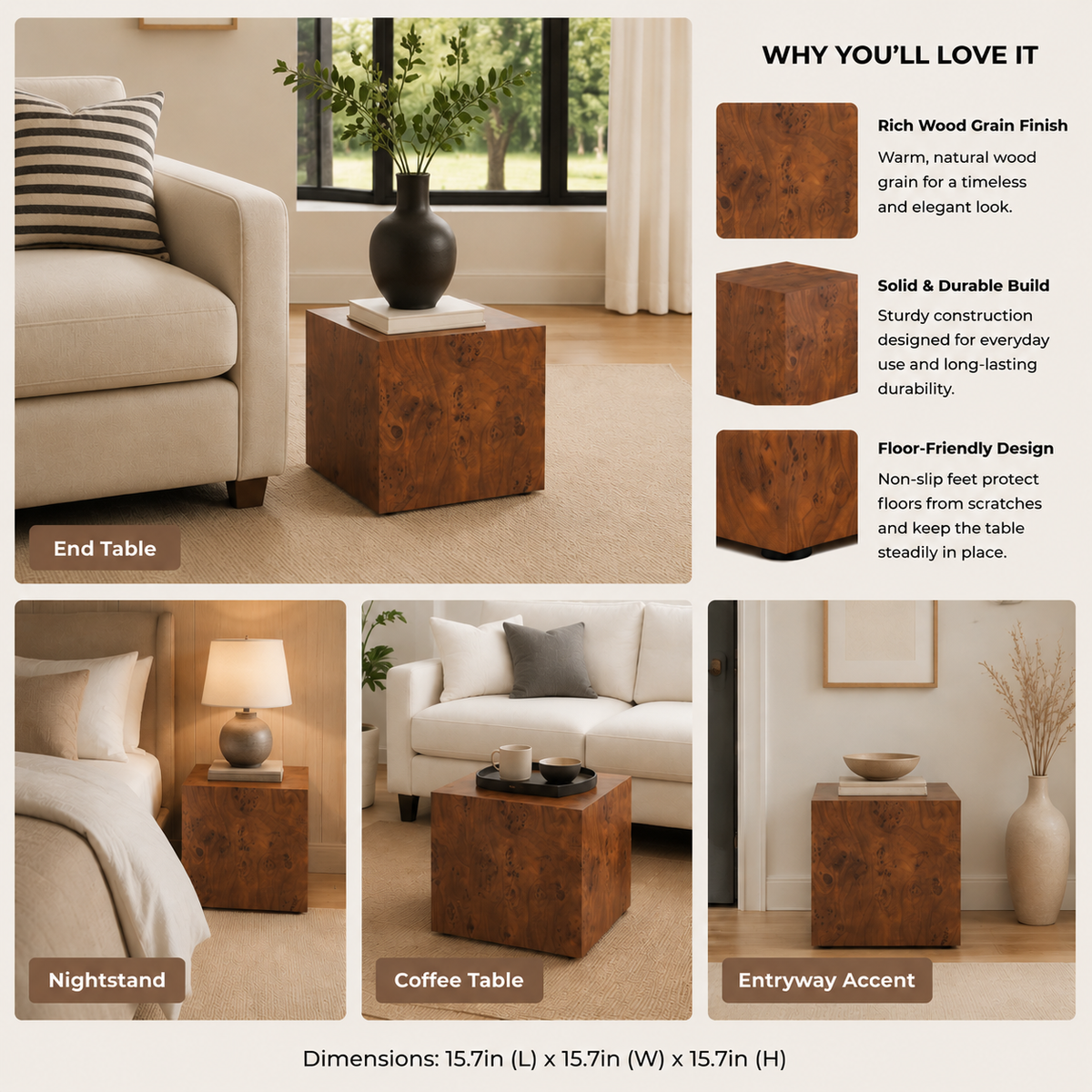 Premium Burl Walnut Veneer MDF Cube Table, Height Adjustable Multi-purpose Coffee Side End Table for Living Room, 11.8'×11.8'×19.7', No Extra Items Included
