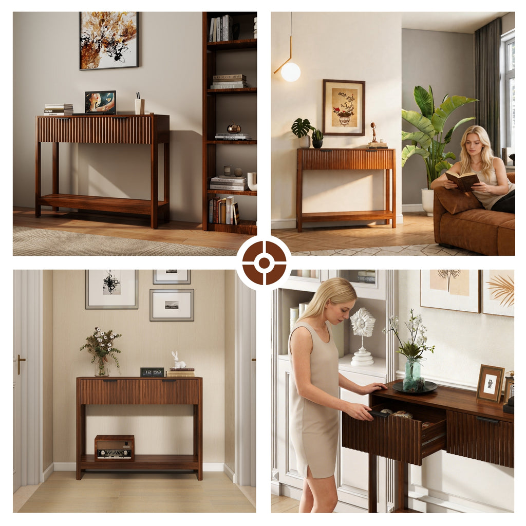 Walnut console table tapered legs and open shelf storage