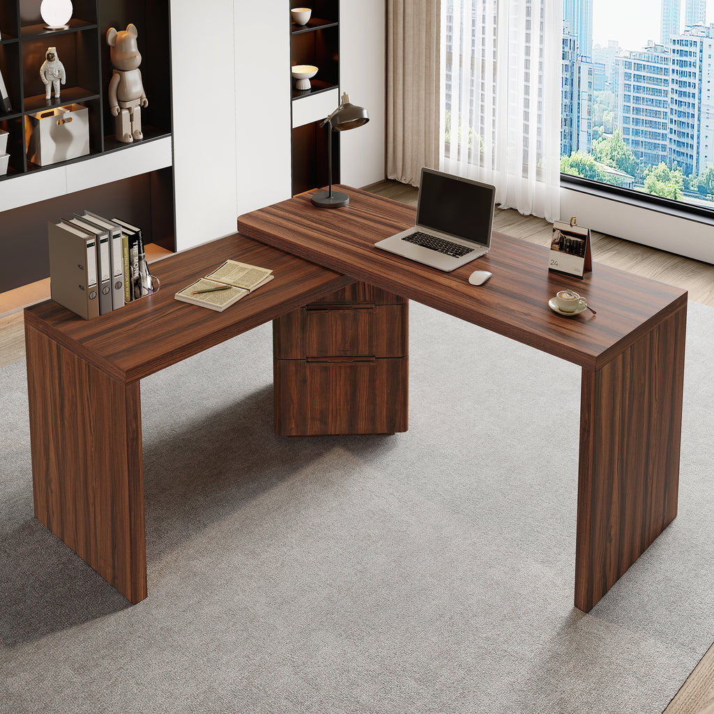 Walnut L-shaped executive desk with 360 rotating top — front view