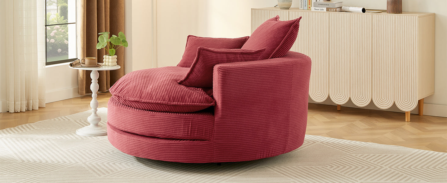 Corduroy Swivel Barrel Chair — 360° with Removable Pillows