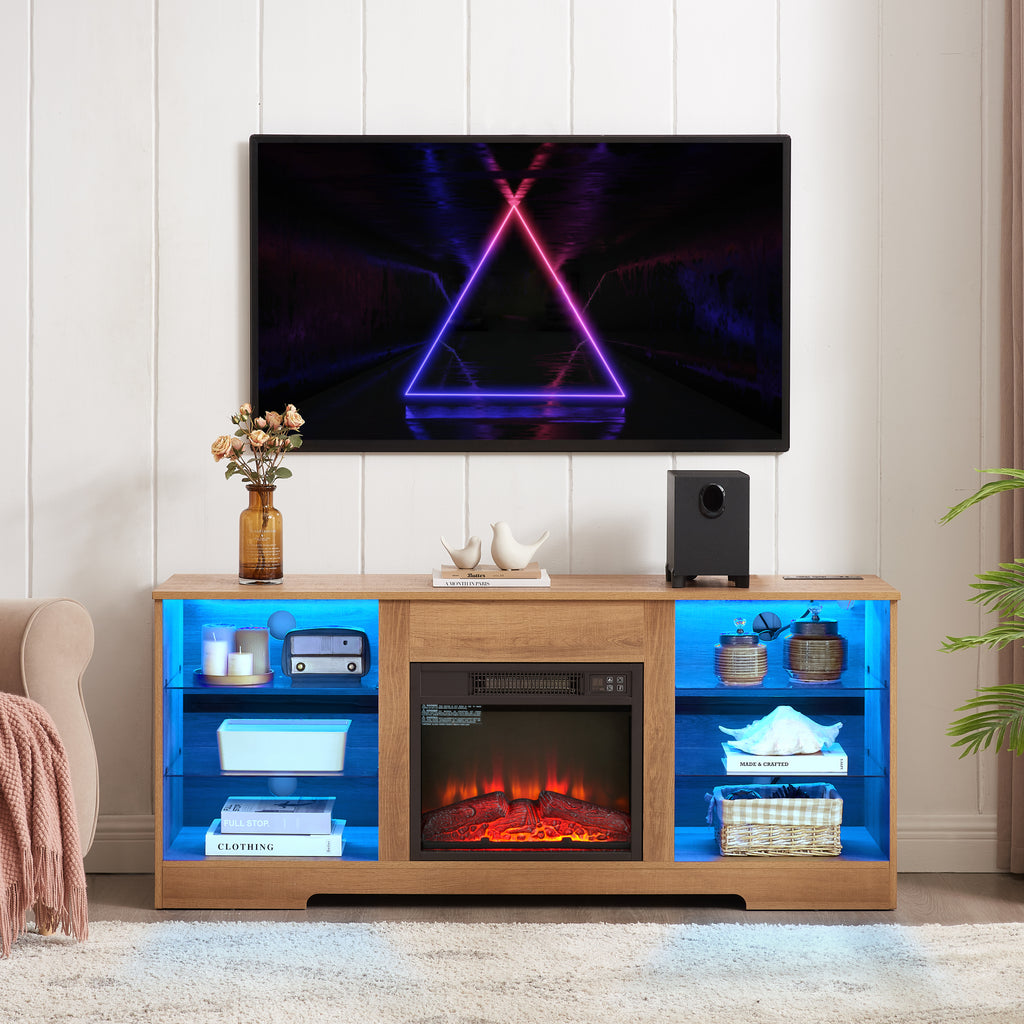 Oak TV stand with electric fireplace — front view
