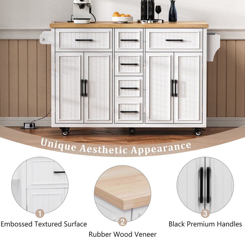 K&K 56.5'' Kitchen Island with Drop Leaf, Power Outlet, Embossed Vertical Stripe Rolling Kitchen Cart on Wheels with 4 Doors , 5 Deep Drawers and Adjustable Shelves, for Kitchen, Dining Room, Black