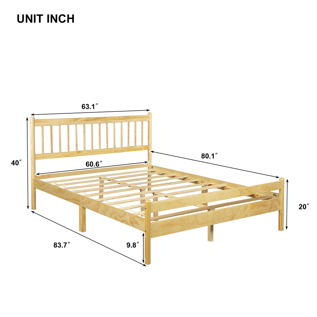 Traditional Style Queen Size Bed with Headboard and Footboard, Pinewood Bed with Strengthened Bed Frame ,Walnut