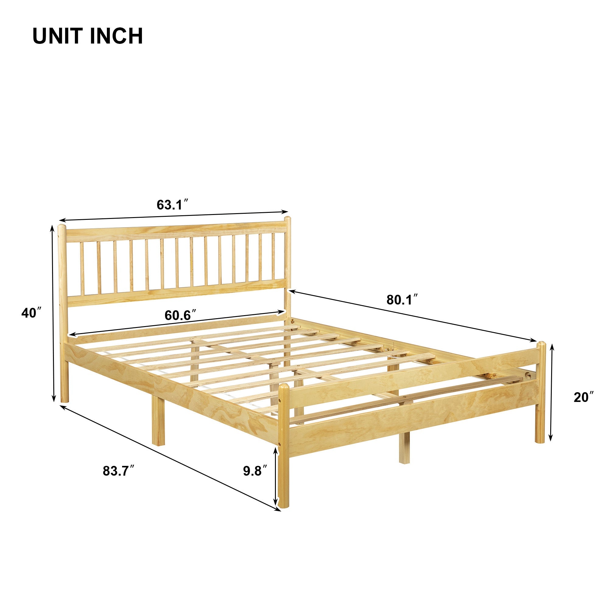 Traditional Style Queen Size Bed with Headboard and Footboard, Pinewood Bed with Strengthened Bed Frame ,Walnut