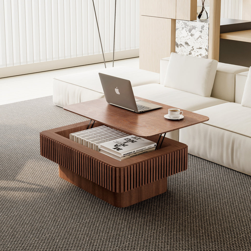 38.6'' Fluted Lift-top Coffee Table Solid Wood Veneered Modern Coffee Table Accent Tea Table with Storage and Adjustable Height for Living Room, Bedroom, Apartment or Office, Grey