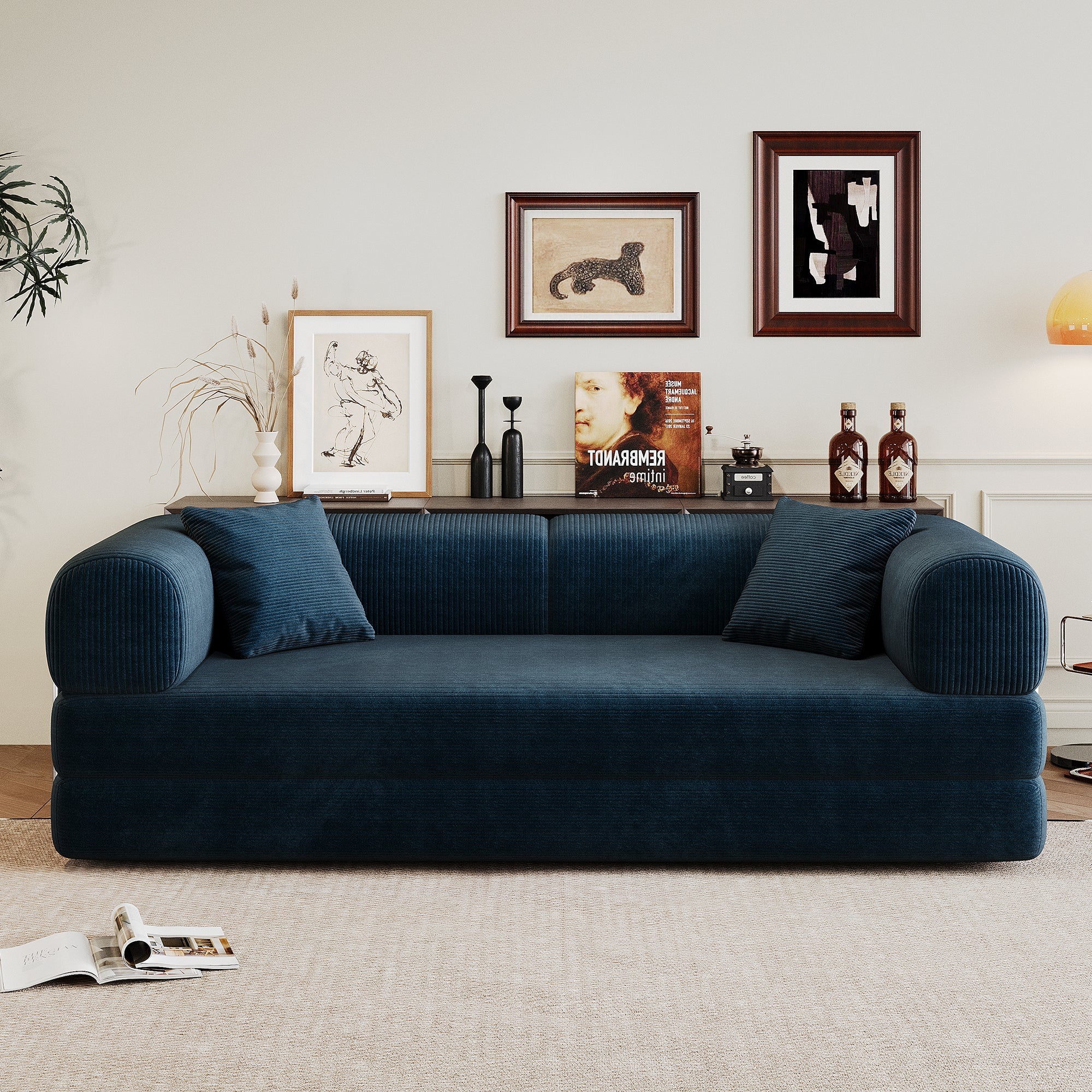 Corduroy Compression Convertible Floor Sofa Bed — Modular Loveseat, 78.8" Wide