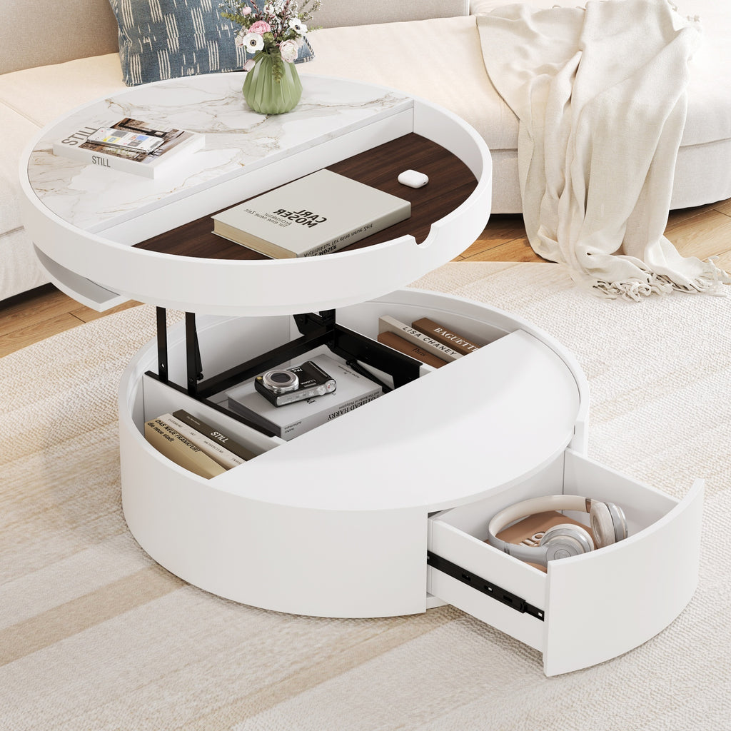 White Round Lift Coffee Table with 1 Drawer in 29.5', Marble Veneer and Wood Grain Tabletop