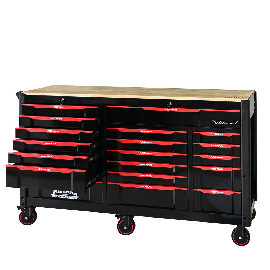 Black red rolling tool cart key locking drawers close-up