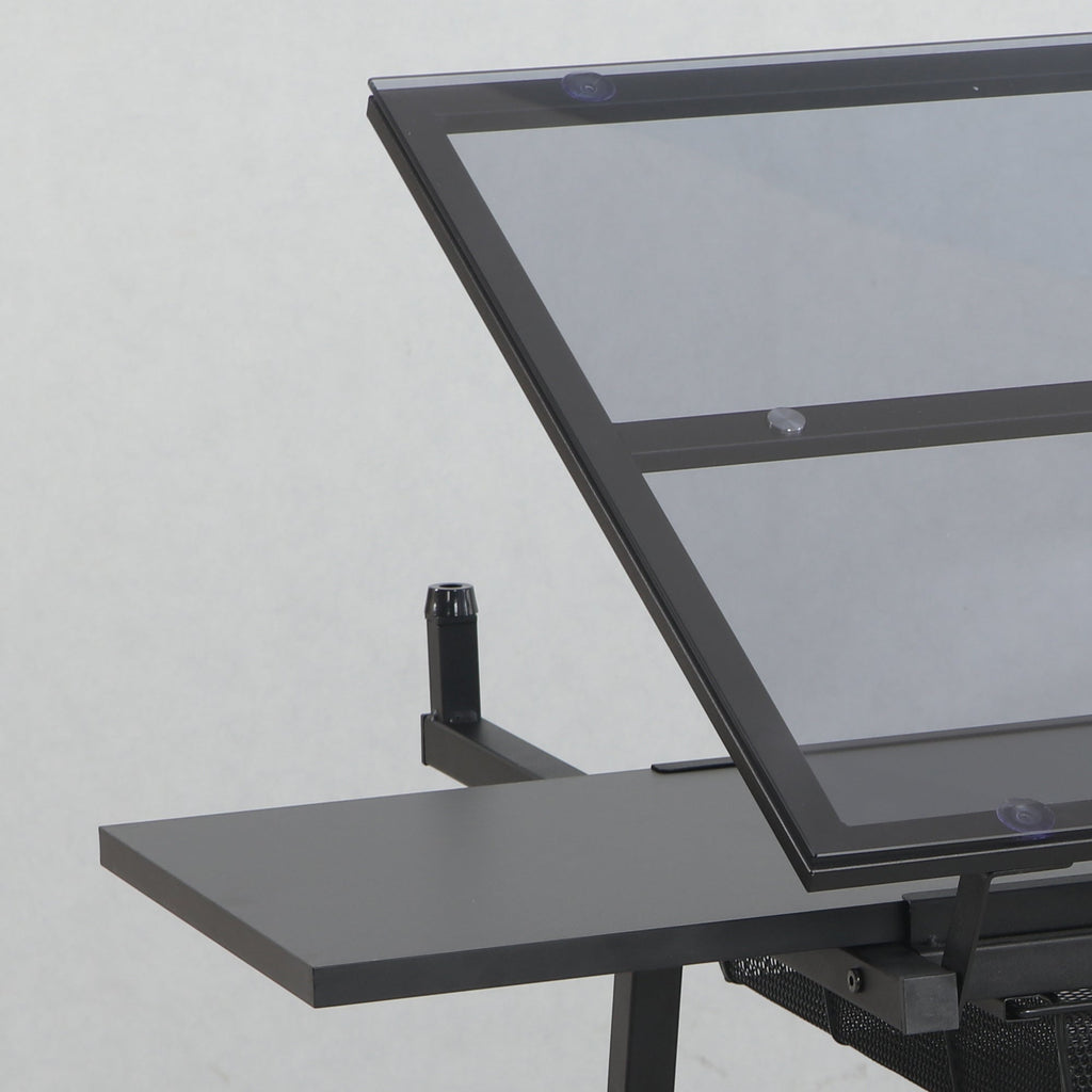 Adjustable Glass Drafting Table with Metal Drawers & Stool