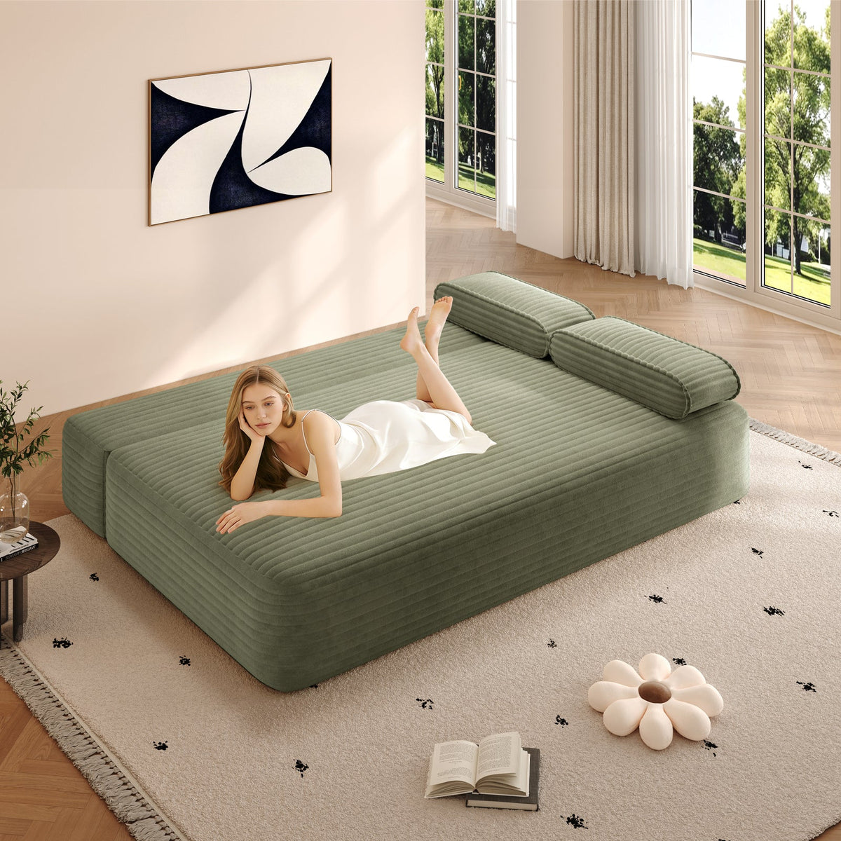 78.7' Frameless Sofa,2-in-1 Convertible Sofa Bed with 3 Pillows – Plush Corduroy Fabric, Multi-Functional 3-Seater Couch for Small Spaces, Apartments and Bedrooms,Beige