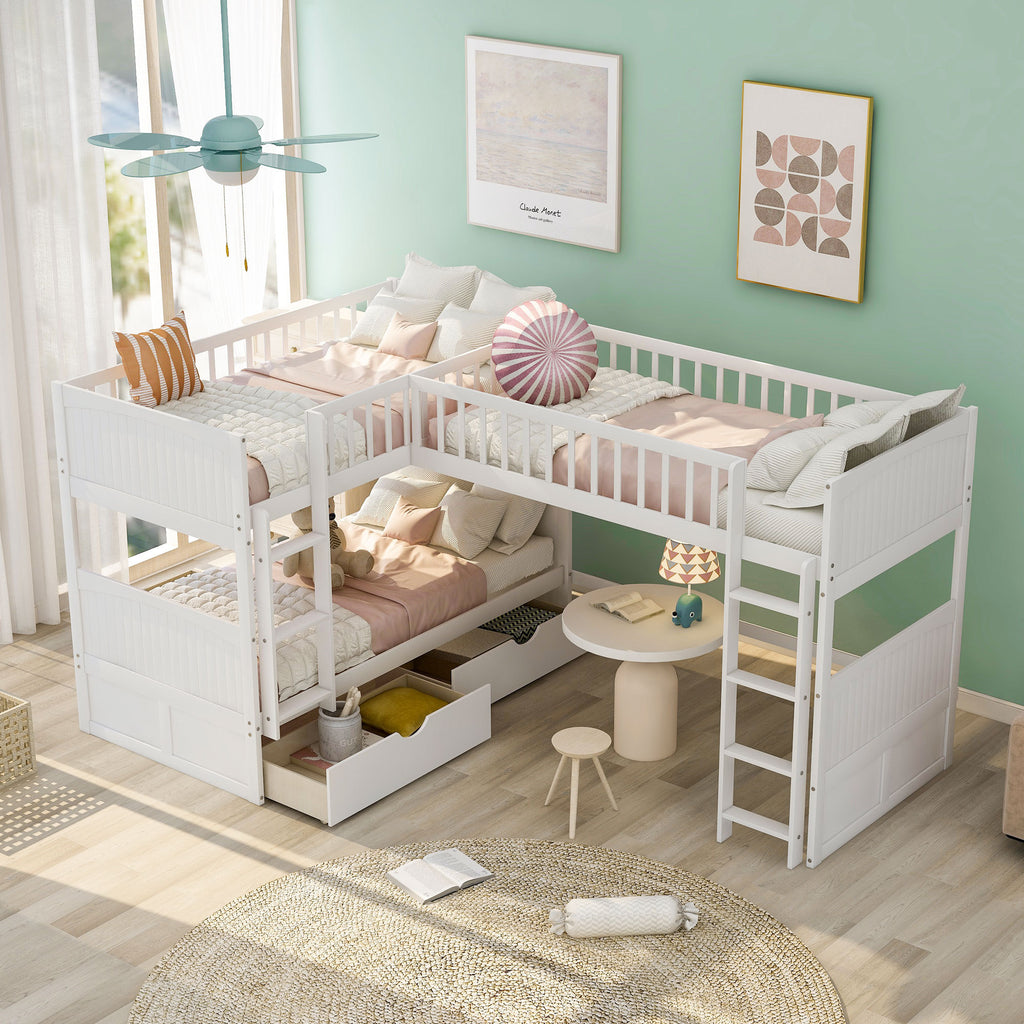 Triple bunk bed corner configuration with two storage drawers