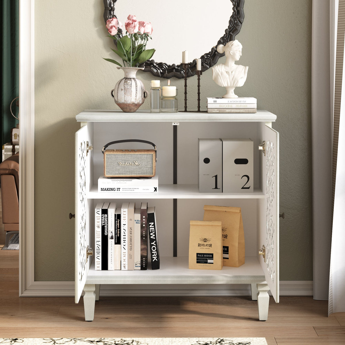 Vintage Hollow-Carved Accent Cabinet, 2-Door Display Storage Sideboard with Symmetrical Floral Design, Adjustable Shelf and Solid Wood Legs for Living Room Entryway(Antique Green)