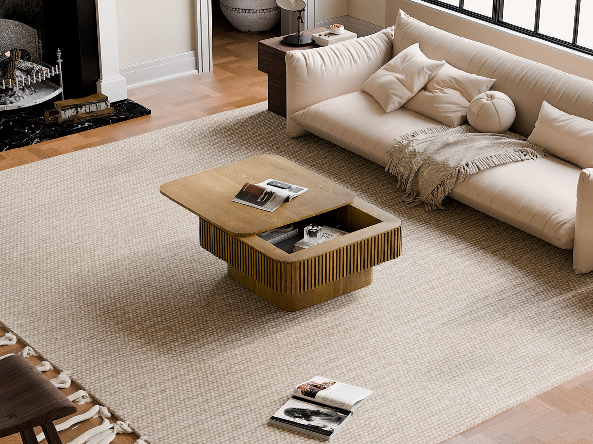 31.5'' Square Coffee Table with Storage Solid Wood Veneered Modern Coffee Table Accent Tea Table for Living Room, Bedroom, Apartment or Office, Natural Wood