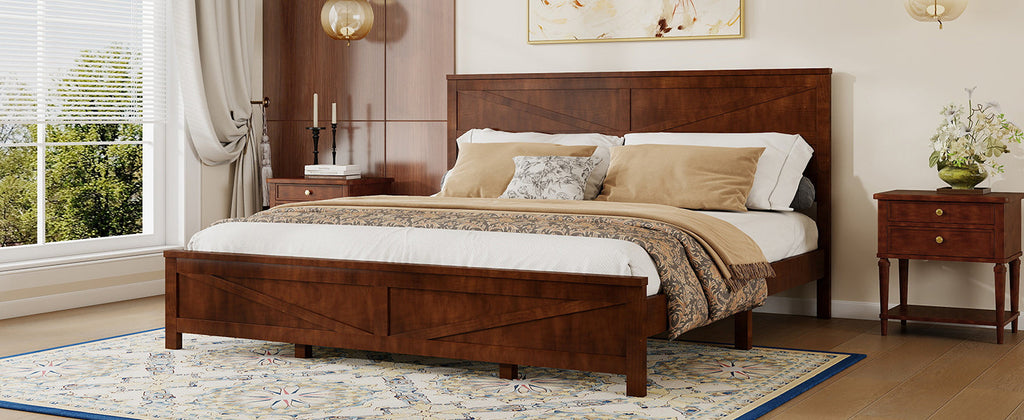 Farmhouse Style King Size Bed with Barn Door Designed Headboard and Footboard, Pinewood Bed with Strengthened Bed Frame,White