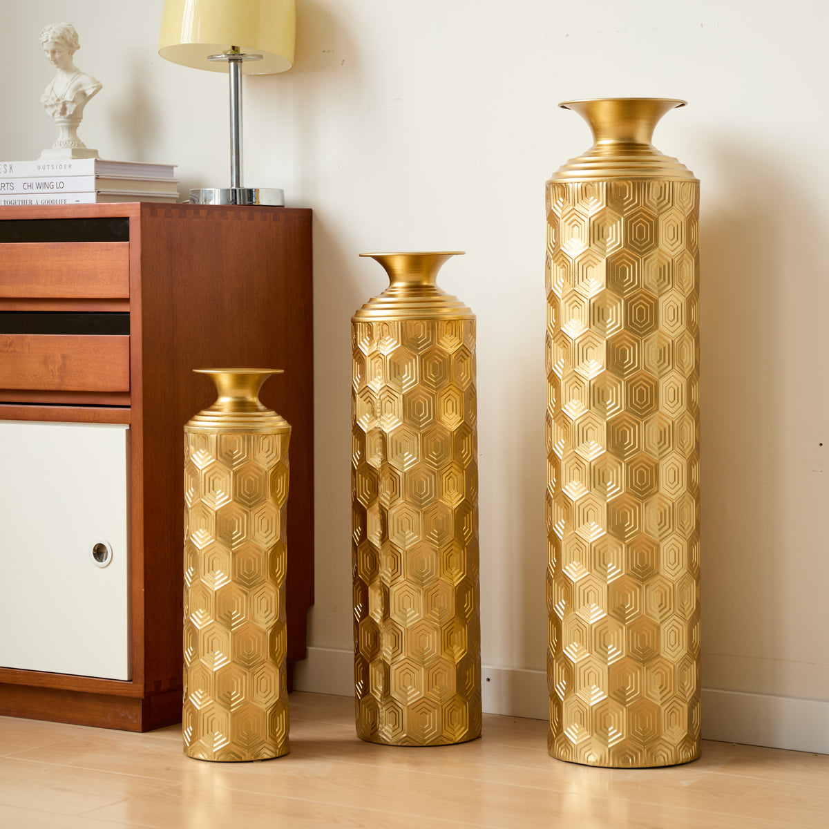 3-Piece Modern Gold Metal Floor Vase Set, Hexagon Textured, 33.46' 25.59' 19.69' Tall, Large Decorative Vases for Entryway, Living Room, Home Decor, Not Waterproof