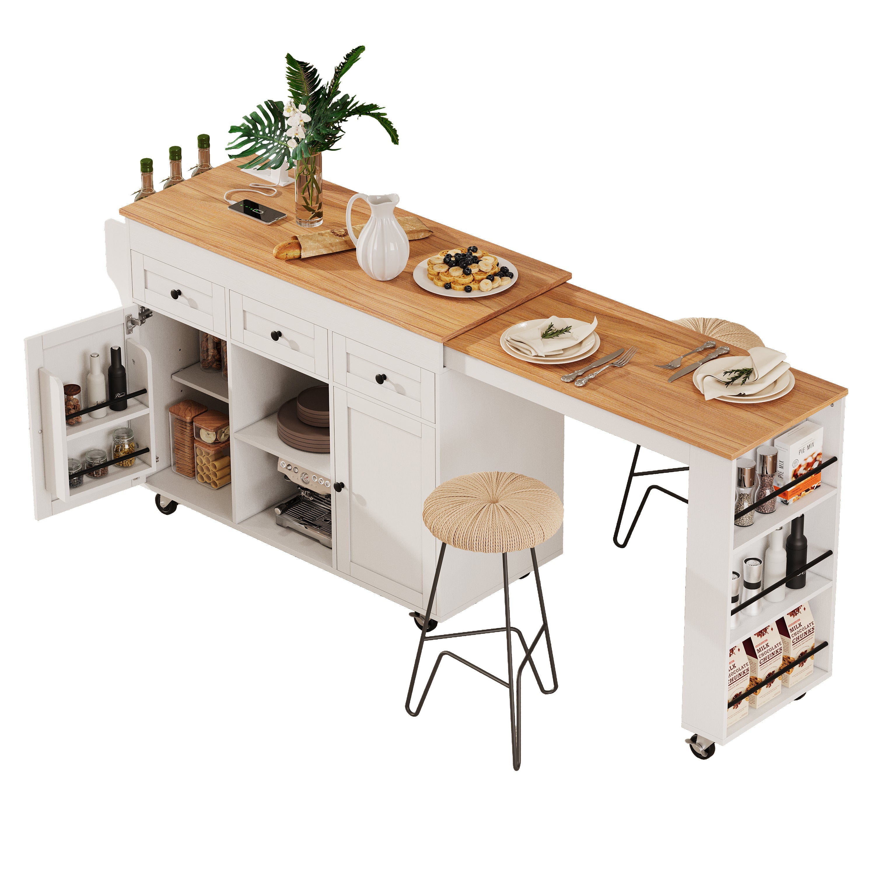 K&K 85.5' Kitchen Island with Extendable Dining Table, Kitchen Storage Table with 3 Side Open Shelves, Rolling Kitchen Island with Power Outlet, 3 Drawers, 2 Doors, for Kitchen, Dining Room, Black