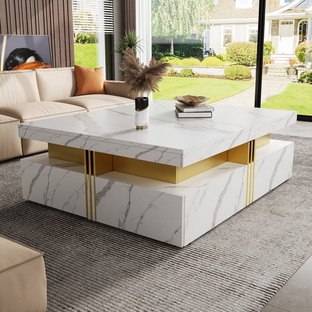 Square Storage Coffee Table — 4 Drawers & Gold Accents
