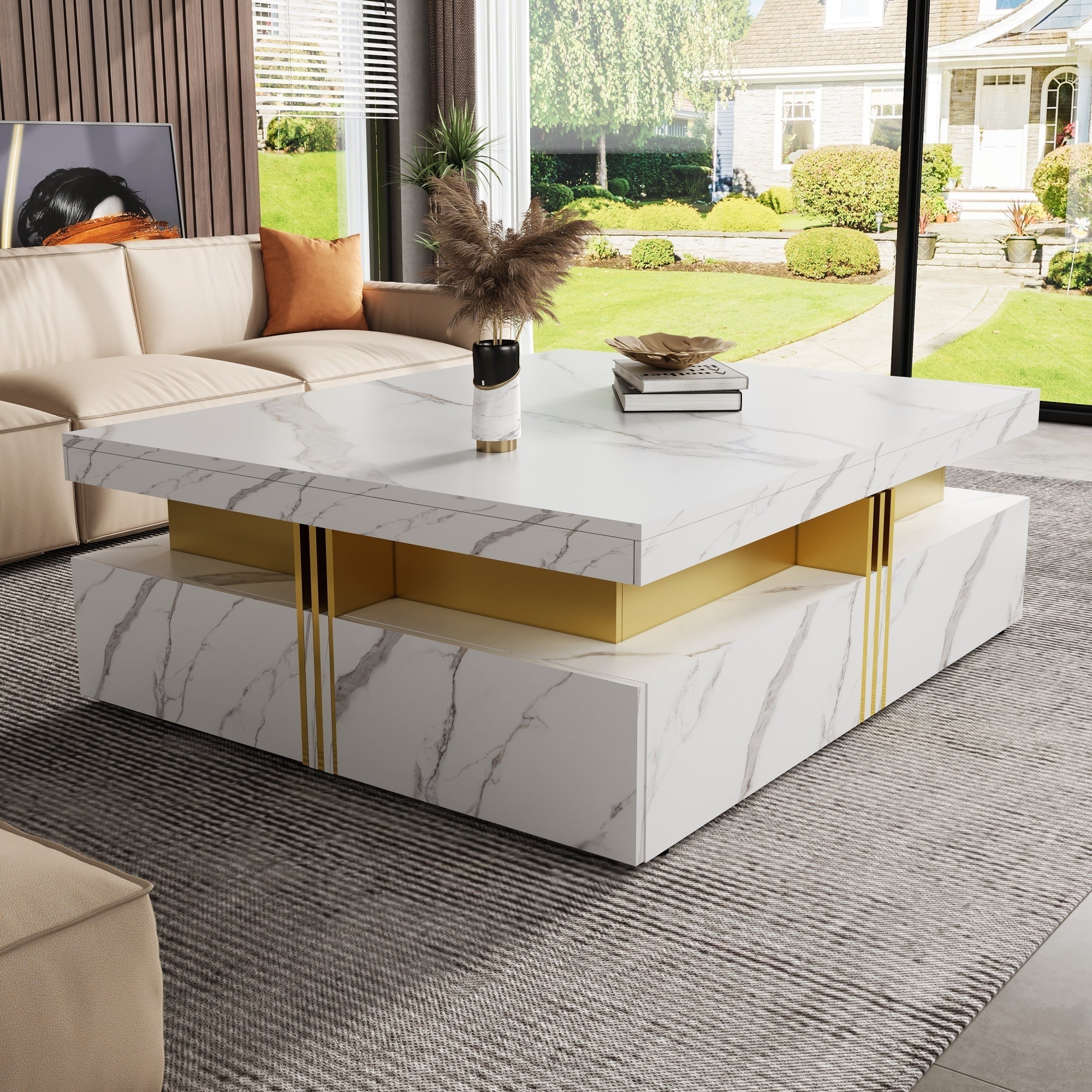 Square Storage Coffee Table — 4 Drawers & Gold Accents