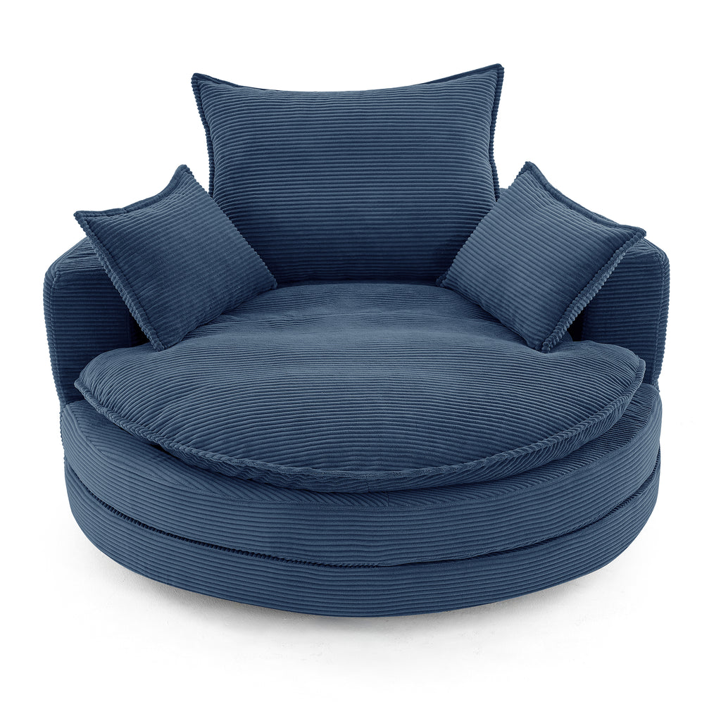 Navy blue corduroy swivel barrel accent chair — front view