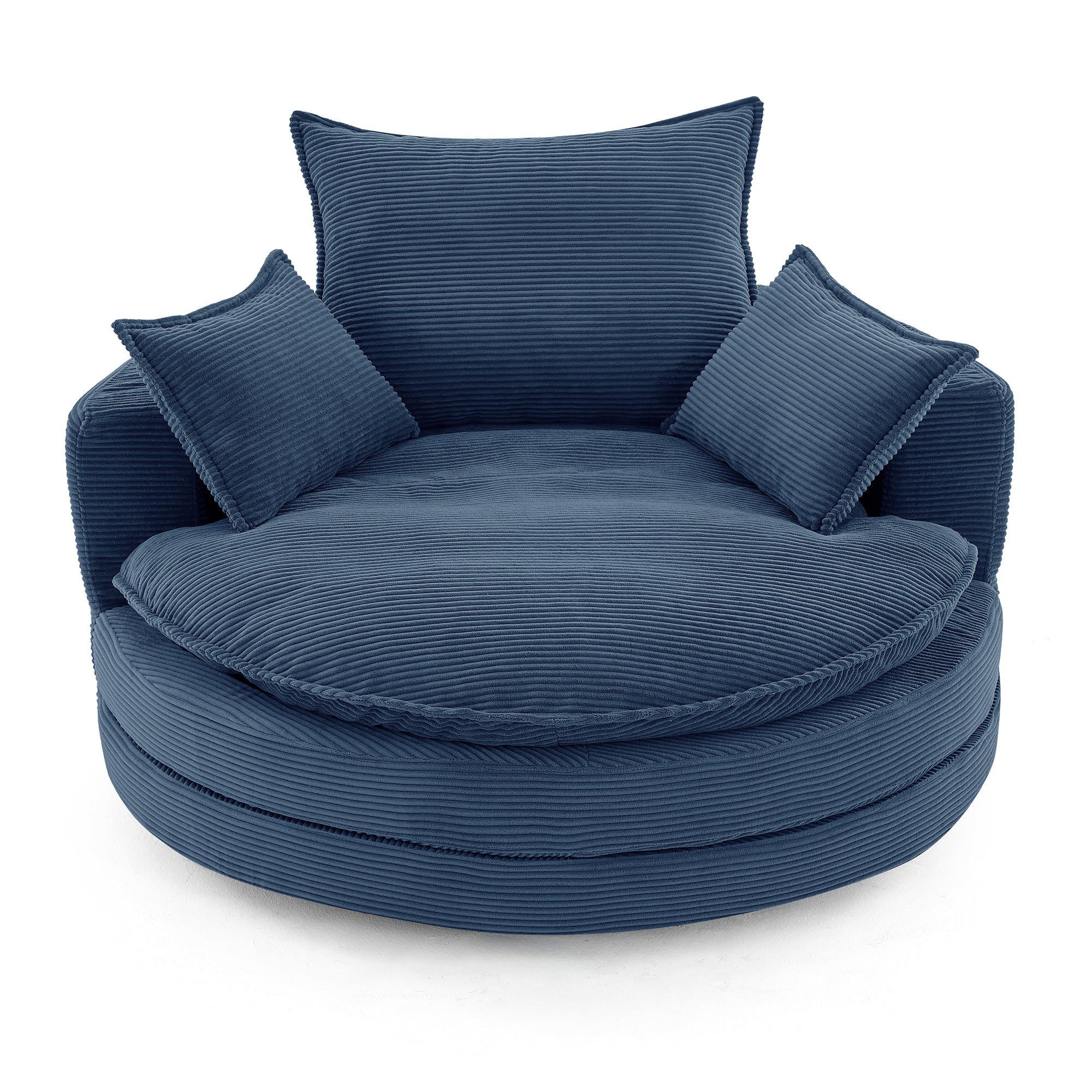 Navy blue corduroy swivel barrel accent chair — front view