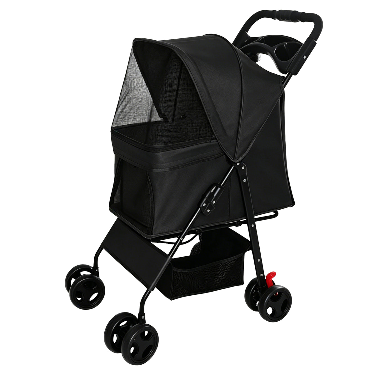 Foldable Pet Stroller for Small Dogs and Cats Under 28 lbs with Multi-Functional Tray, 2 Safety Leashes, Storage Basket & Breathable Mesh, 4 Wheels Pet Stroller, Black