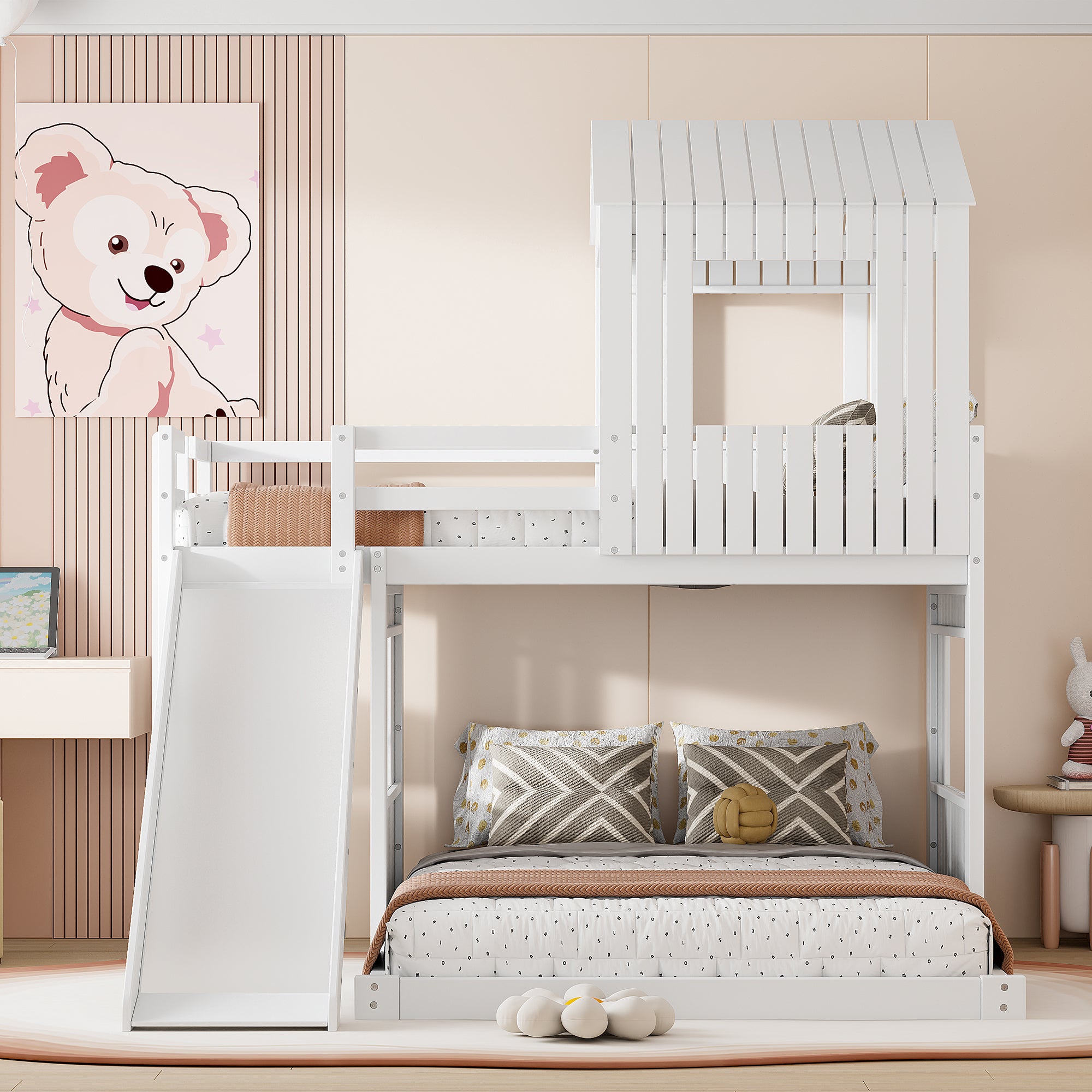 Bunk bed with slide and playhouse — angle view
