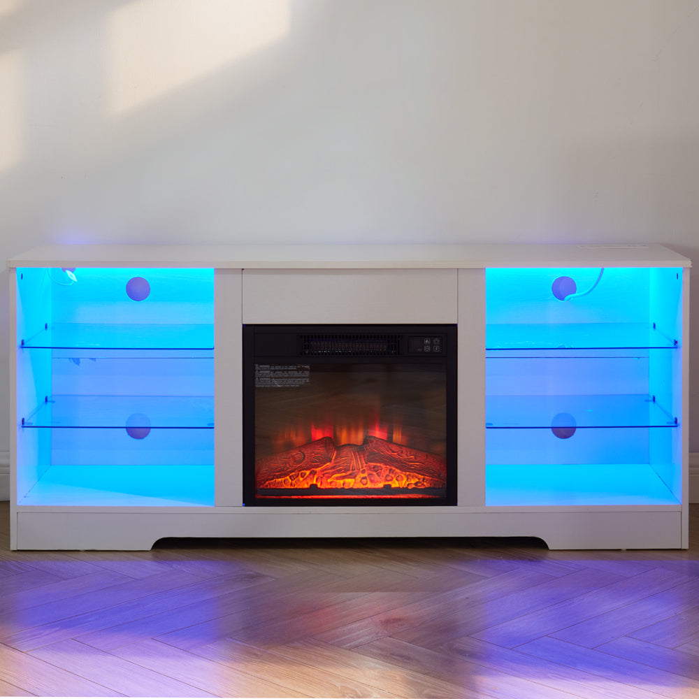 TV Stand with Electric Fireplace — Glass Shelves & USB Outlets for TVs Up to 62"