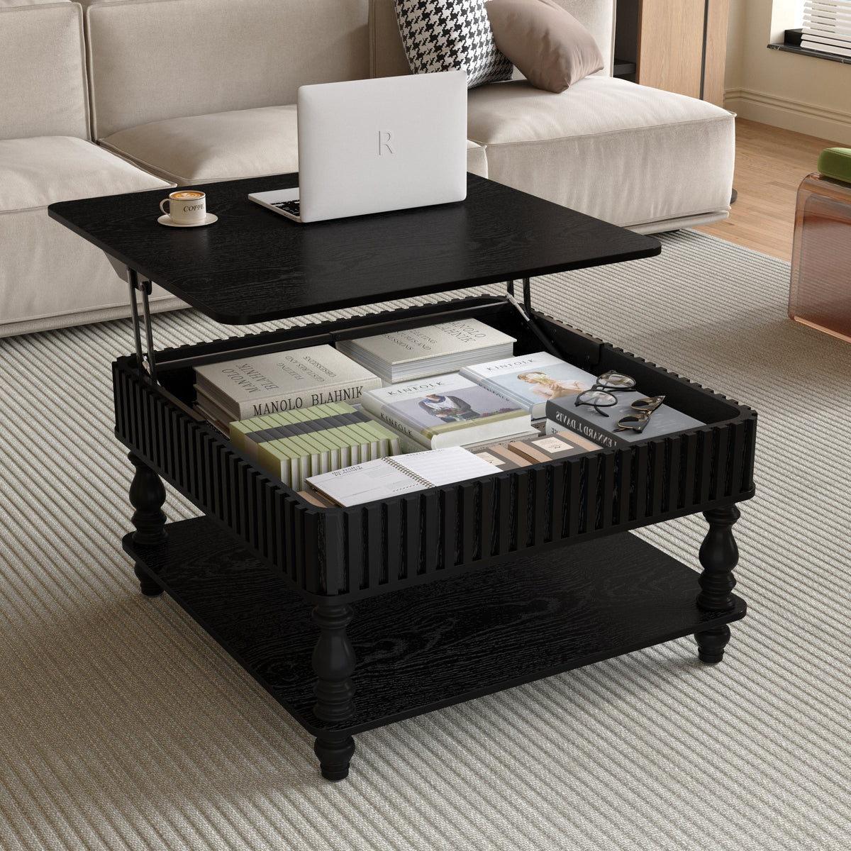 31.5 Inch Square Fluted Lift-Top Coffee Table with Hidden & Open Storage, Hydraulic Raising Mechanism, Retro Solid Wood Legs for Living Room, Sofa (Natural Wood)