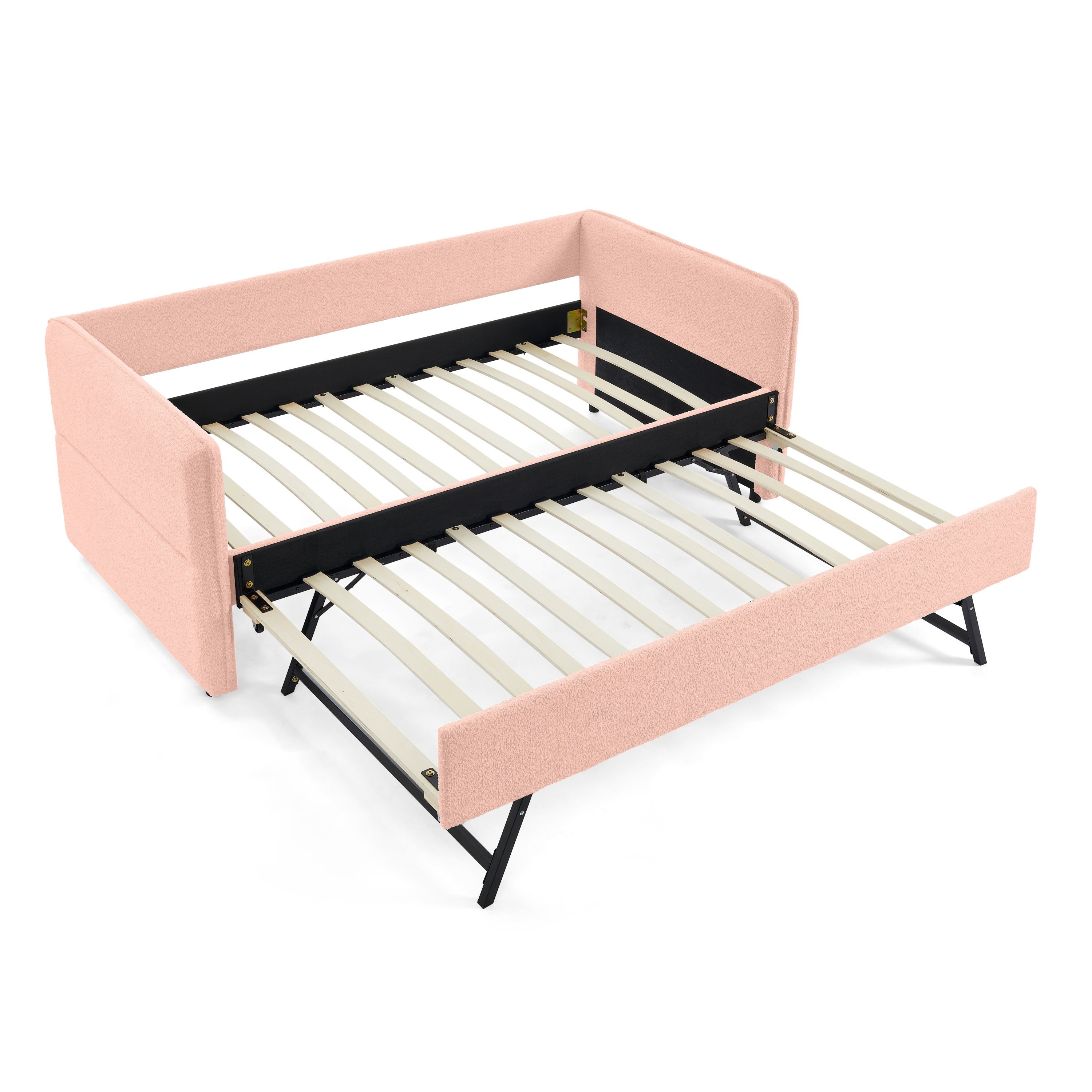 Upholstered Tufted Daybed with Twin Pop-up Trundle in Pink Boucle Fabric, 83''x43''x29.5''
