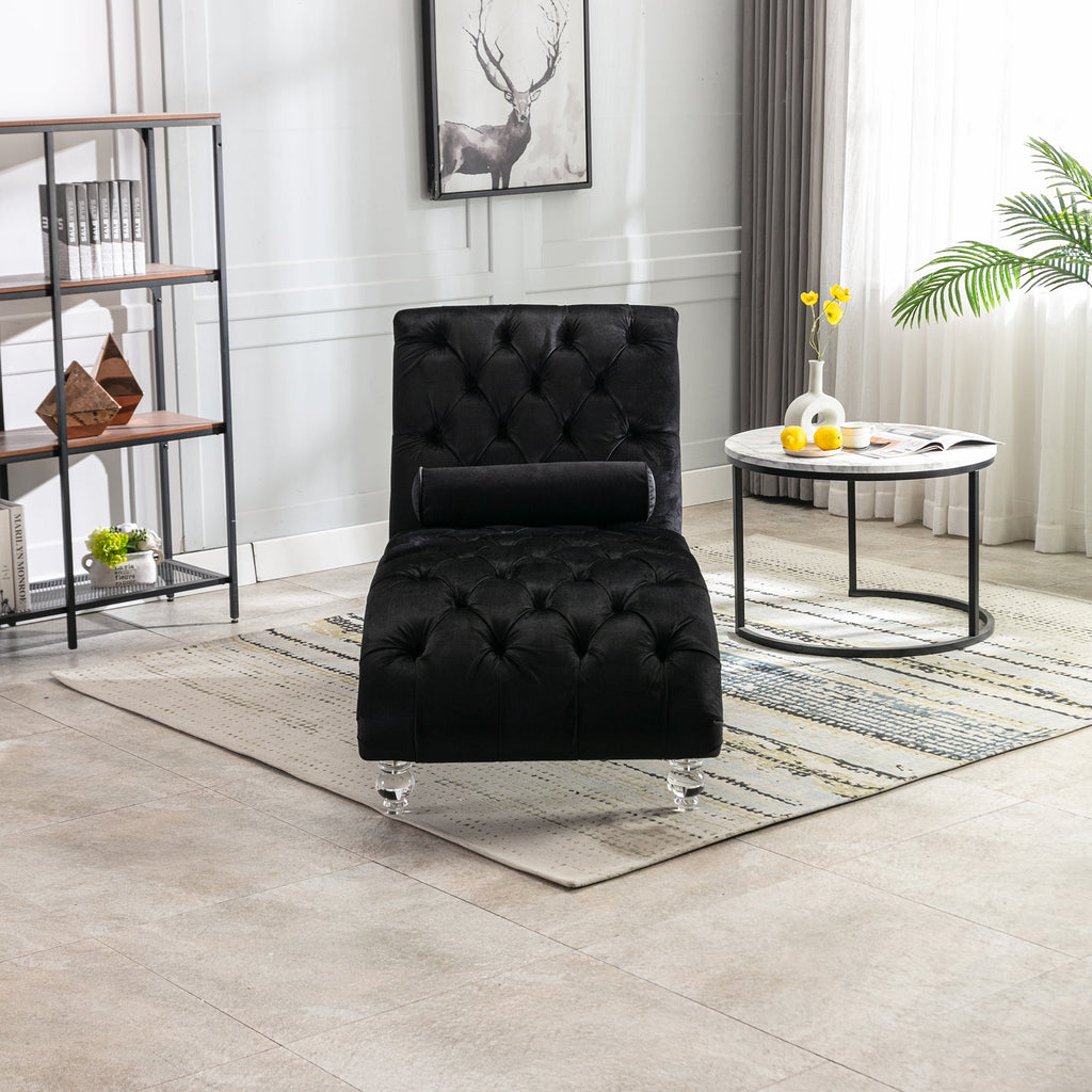 Velvet Chaise Lounge — Button-Tufted with Pillow