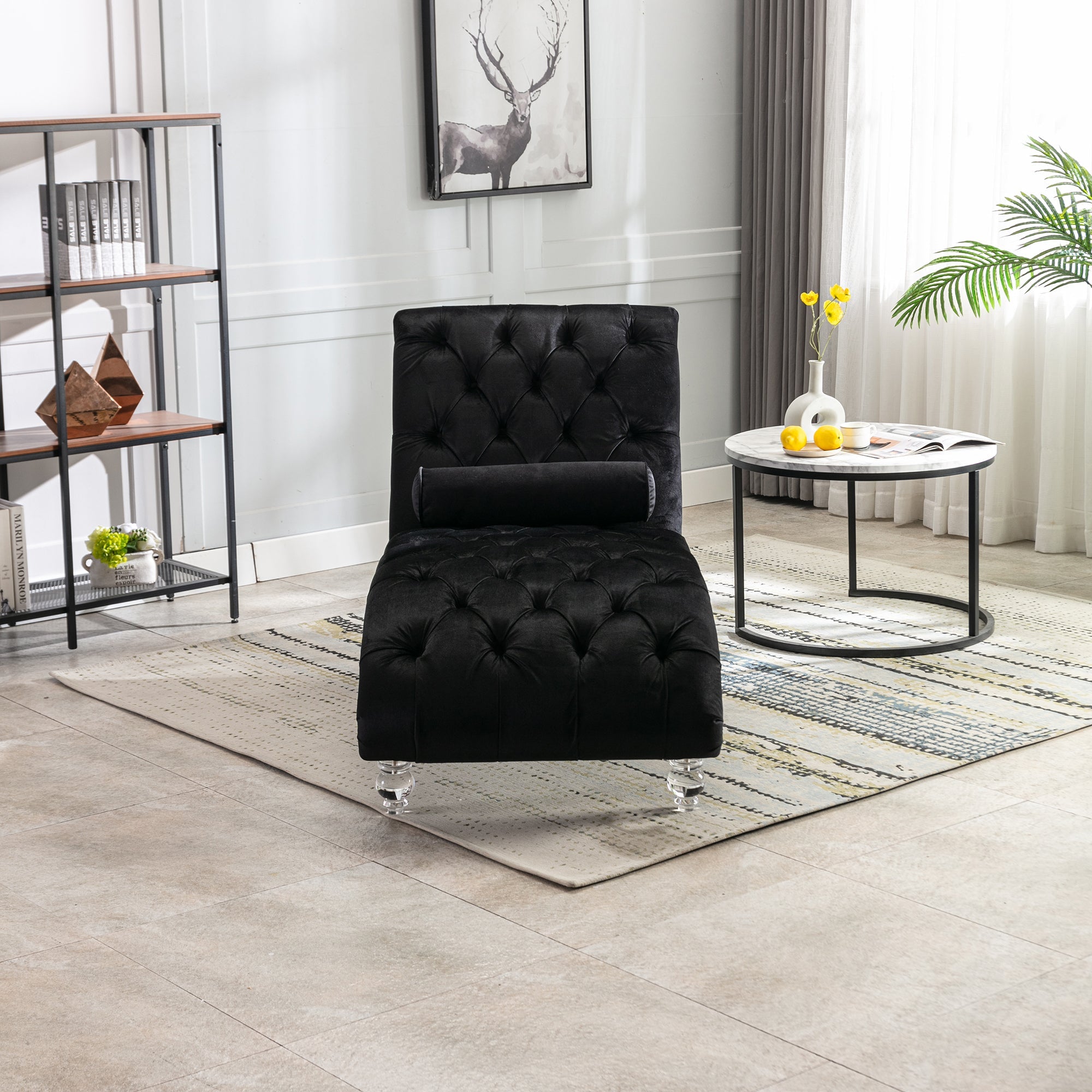 Velvet Chaise Lounge — Button-Tufted with Pillow