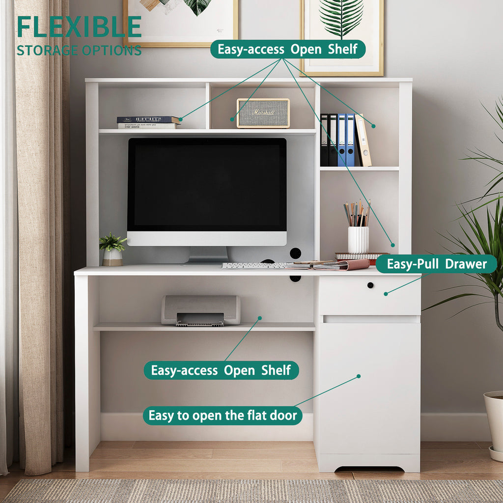 White office desk bookshelf and open shelf storage