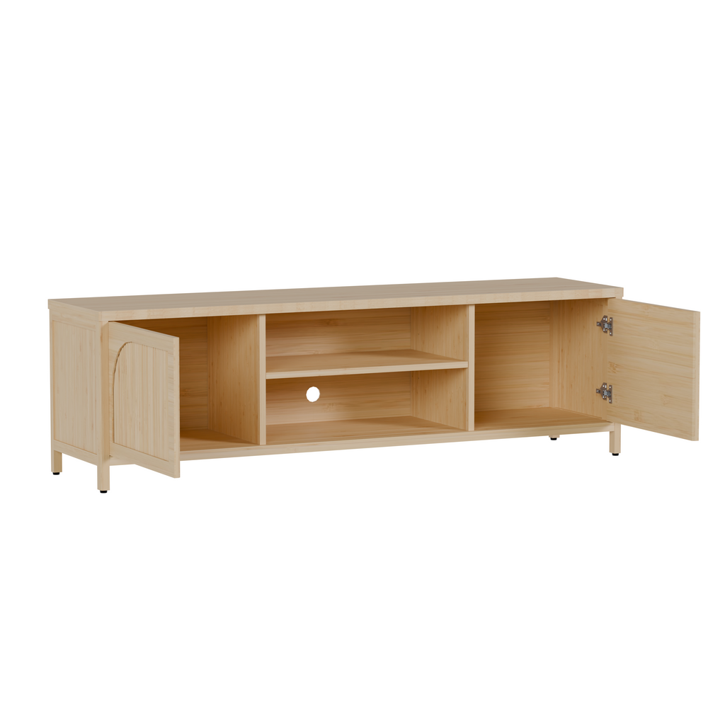 Low profile bamboo TV stand living room setting