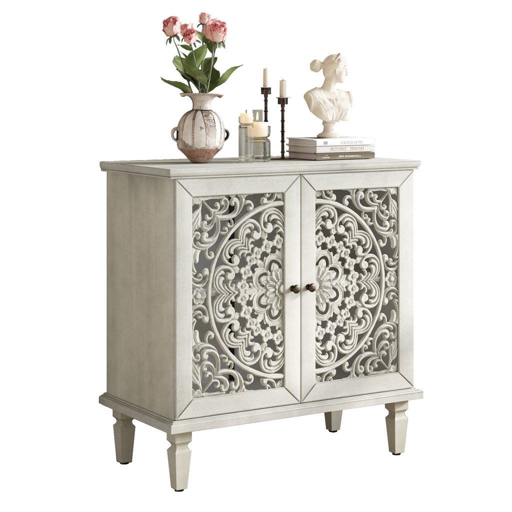 Vintage Hollow-Carved Accent Cabinet, 2-Door Display Storage Sideboard with Symmetrical Floral Design, Adjustable Shelf and Solid Wood Legs for Living Room Entryway(Antique Green)
