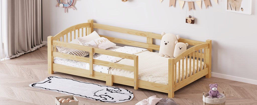 Twin Montessori Floor Bed with Slats and Safety Guardrails, Solid Wood Floor Bed with Fence and Without Door, Easy Assemble Montessori Bed for Girls and Boys, Gray