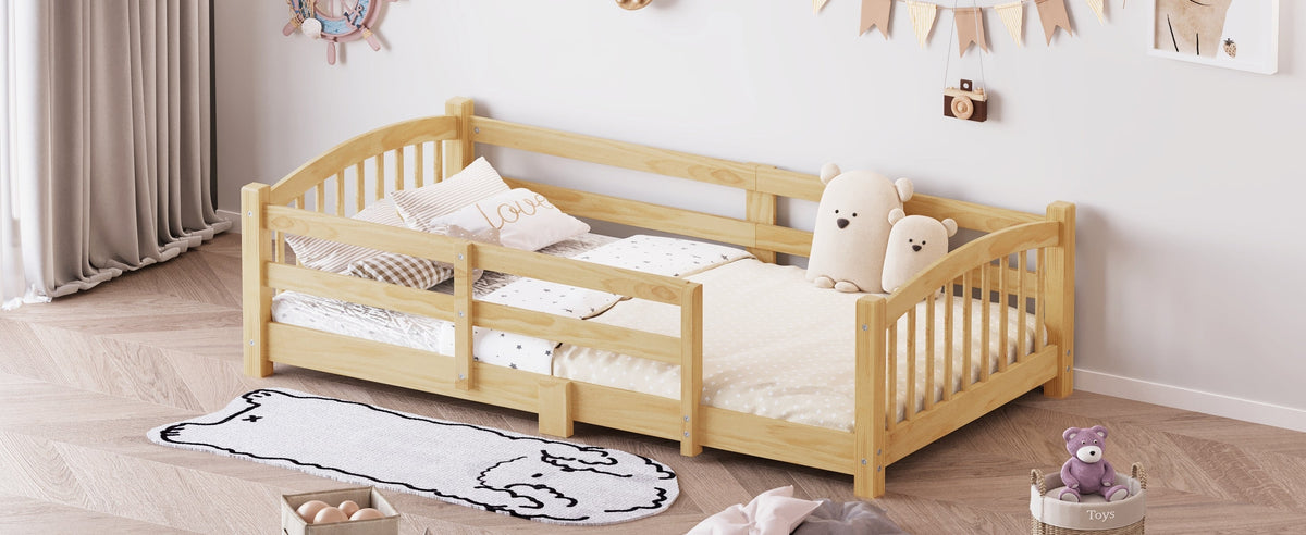 Twin Montessori Floor Bed with Slats and Safety Guardrails, Solid Wood Floor Bed with Fence and Without Door, Easy Assemble Montessori Bed for Girls and Boys, Gray
