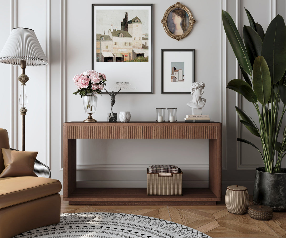 60' Modern 2-Drawer Fluted Console Table Natural Wood Veneer Sofa Table Behind Couch Table for Living Room, Hallway, Entryway, Home Office, Natural Wood