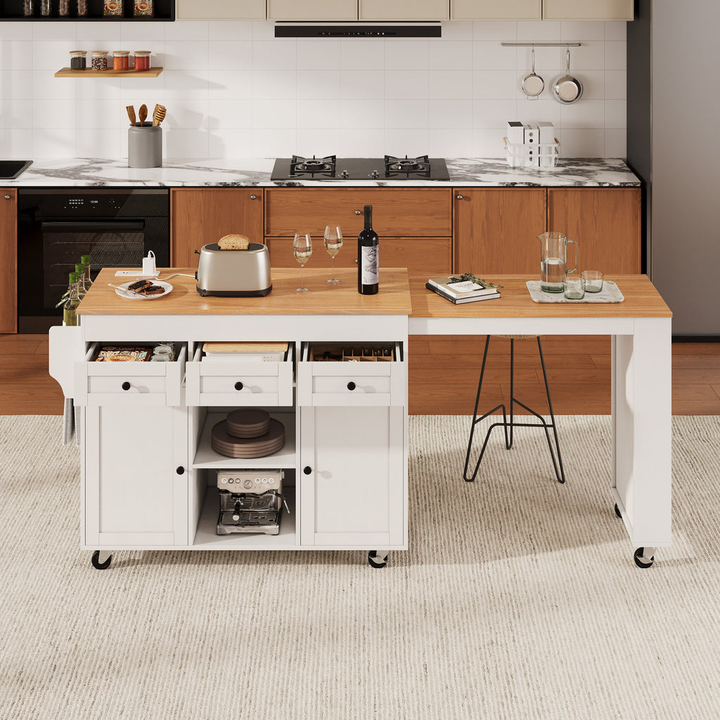 K&K 85.5' Kitchen Island with Extendable Dining Table, Kitchen Storage Table with 3 Side Open Shelves, Rolling Kitchen Island with Power Outlet, 3 Drawers, 2 Doors, for Kitchen, Dining Room, Black