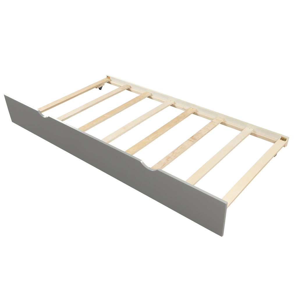 Twin platform bed trundle pulled out from side